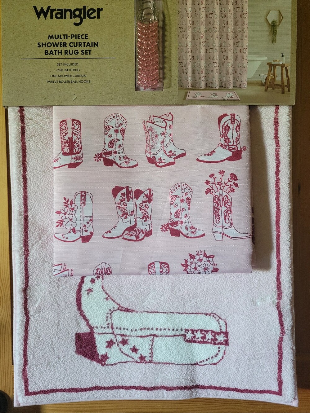 New Wrangler Pink Cowboy Boot Shower Curtain and Rug 3 Piece Set Pink Line Boots